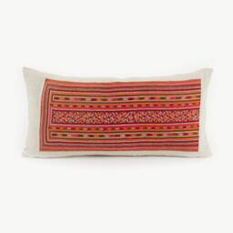 Handwoven Hmong Lumbar Pillow Cover Tribal Embroidered Textile, Hemp Back - thumbnail 1