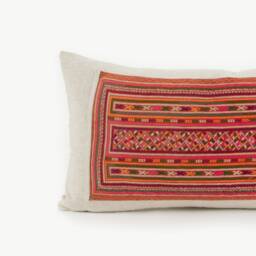 Handwoven Hmong Lumbar Pillow Cover Tribal Embroidered Textile, Hemp Back - thumbnail 2
