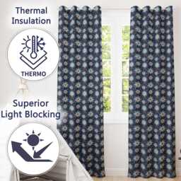 Blue White Starburst Floral Firework Seamless Pattern Celebration Design Readymade Eyelet Ring Top Thermal 100% Blackout Curtains - thumbnail 3
