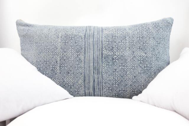 Vintage Hmong Pillow Hand Woven Hemp, Indigo Batik Textile - 12x20 - image 1
