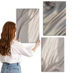 Canvas Art Set Of 3 - Close-Up Natural Fabric Structures in Boho Style, Beige Wall Art, Textures Hanging Piece - thumbnail 3