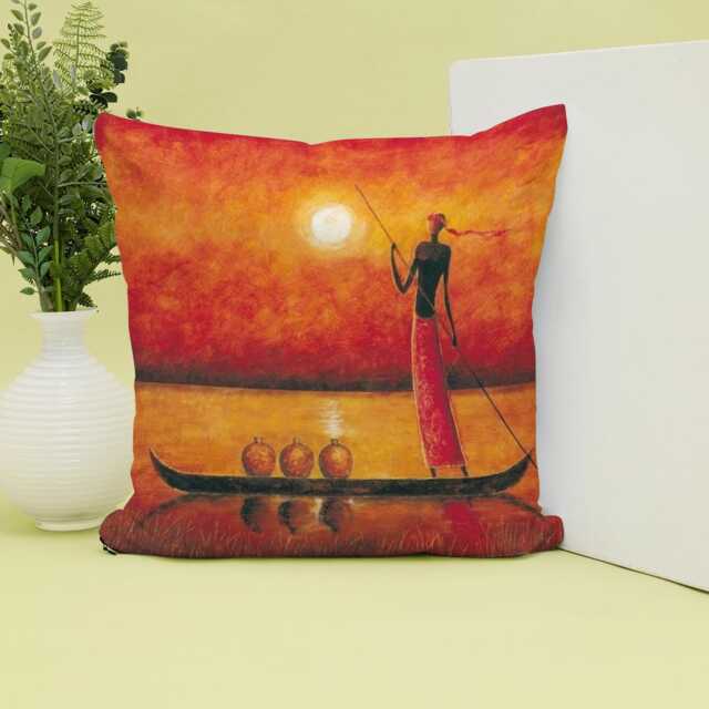 African Sunset Canoe Scene Cushion Cover Afrocentric Home Decor - image 1