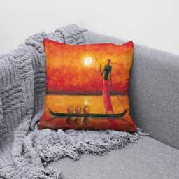 African Sunset Canoe Scene Cushion Cover Afrocentric Home Decor - thumbnail 3