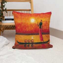 African Sunset Canoe Scene Cushion Cover Afrocentric Home Decor - thumbnail 2