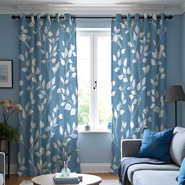 Blue Leaf Print Curtains, Modern Botanical Drapes, White Foliage Pattern Window Panels For Living Room Or Bedroom - image 1
