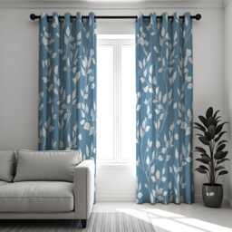 Blue Leaf Print Curtains, Modern Botanical Drapes, White Foliage Pattern Window Panels For Living Room Or Bedroom - thumbnail 2