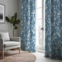 Blue Leaf Print Curtains, Modern Botanical Drapes, White Foliage Pattern Window Panels For Living Room Or Bedroom - thumbnail 3
