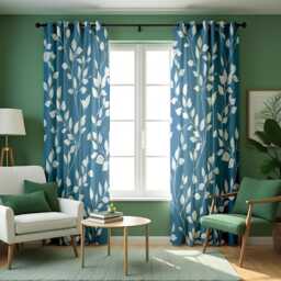 Blue Leaf Print Curtains, Modern Botanical Drapes, White Foliage Pattern Window Panels For Living Room Or Bedroom - thumbnail 4