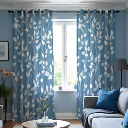 Blue Leaf Print Curtains, Modern Botanical Drapes, White Foliage Pattern Window Panels For Living Room Or Bedroom - thumbnail 1