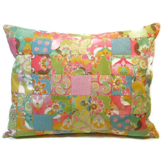 Patchwork Cushion, Pillow, Decorative Pillow Cover, Pink, Green, Gold in Fun Throw - image 1