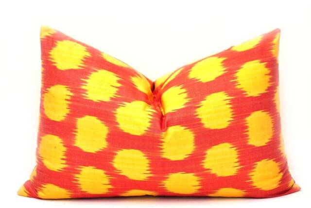 Handloom Ikat Lumbar Pillow Cover, Red & Yellow, Boho Decor - 15x24 Inches - image 1