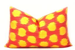 Handloom Ikat Lumbar Pillow Cover, Red & Yellow, Boho Decor - 15x24 Inches - thumbnail 1