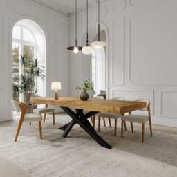 Boston Crossover Dining Table Rustic Solid Wood Industrial Straight Edge Steel Base - thumbnail 1