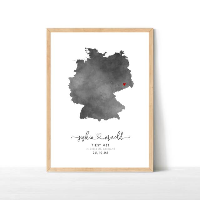 Engagement Map Print, Watercolour Wedding Map, Personalised Gift, Destination Travel Germany Print - image 1