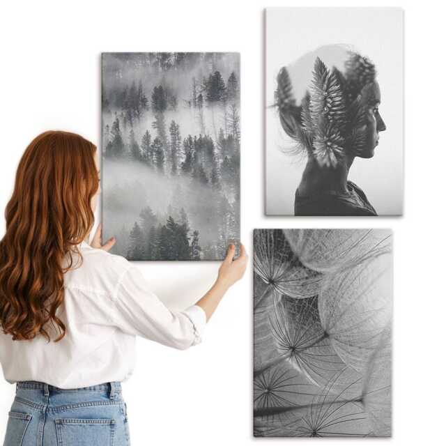 Canvas Set Of 3 - Forest in The Fog Portrait With Trees Delicate Dandelion, Gray Large Wall Art, Landscapes Hanging Piece - image 1