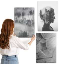 Canvas Set Of 3 - Forest in The Fog Portrait With Trees Delicate Dandelion, Gray Large Wall Art, Landscapes Hanging Piece - thumbnail 1