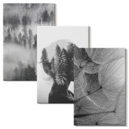 Canvas Set Of 3 - Forest in The Fog Portrait With Trees Delicate Dandelion, Gray Large Wall Art, Landscapes Hanging Piece - thumbnail 2