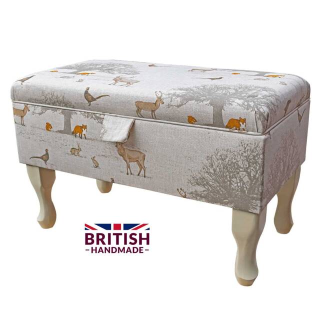 Storage Footstool, Ottoman, Pouffe in A Tatton Cotton Fox Stag Rabbit Print Upholstered Fabric - image 1