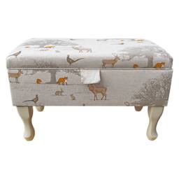 Storage Footstool, Ottoman, Pouffe in A Tatton Cotton Fox Stag Rabbit Print Upholstered Fabric - thumbnail 3