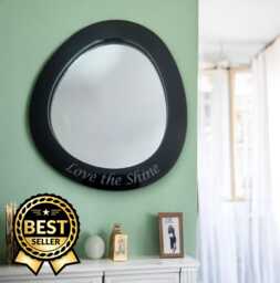 Round Pebble Mirror With Wood Frame & Hooks - Bespoke Shapes - thumbnail 1