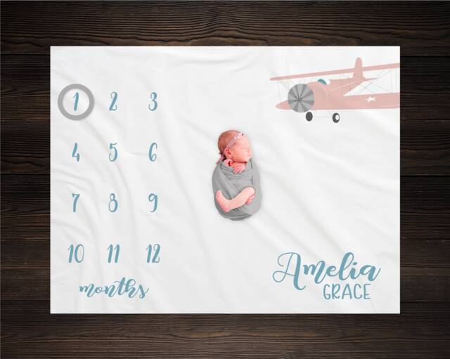 Airplane Milestone Blanket Monthly Growth Tracker Soft Fleece Aviation Baby Shower Gift Newborn Watch Me Grow Girl - image 1