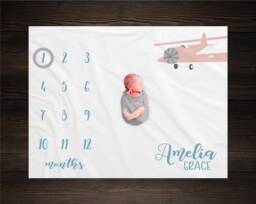 Airplane Milestone Blanket Monthly Growth Tracker Soft Fleece Aviation Baby Shower Gift Newborn Watch Me Grow Girl - thumbnail 1