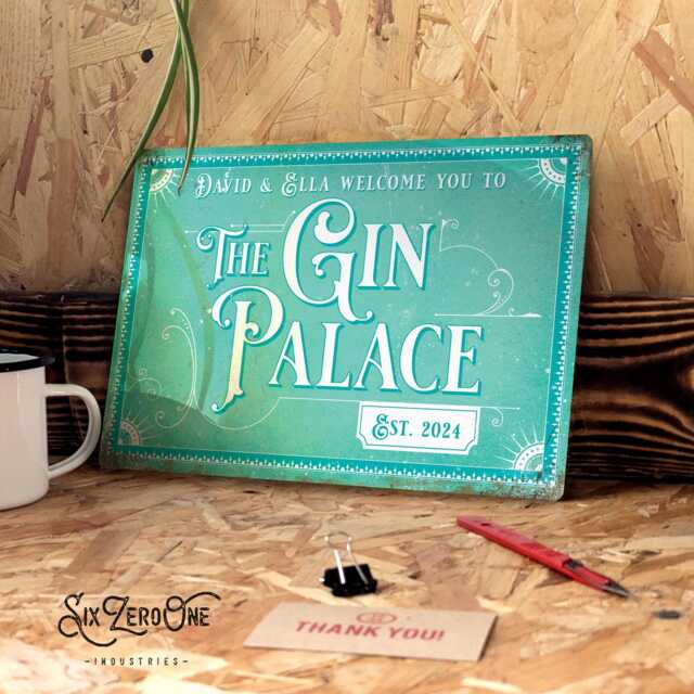 Personalised Gin Palace Metal Sign - Various Colours, Any Name, Vintage Worn Rusty Look Print Etablished in Cocktail Party - image 1