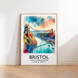 Bristol Travel Poster Print - Watercolour Design - Wall Artwork UK Gifts Clifton Bridge Decor Art Gift A3 & A4 - thumbnail 1