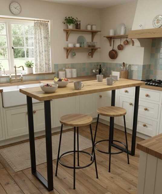 Industrial Rustic Breakfast Bar Table - Scaffold Board High Kitchen Counter Bespoke Metal U-Frame Furniture - image 1