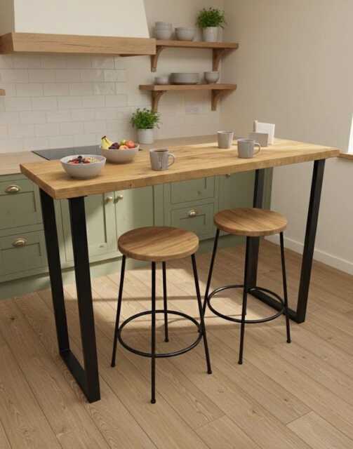 Industrial Rustic Breakfast Bar Table - Reclaimed Scaffold Board Kitchen Counter Custom Bespoke Metal Legs U-Frame - image 1