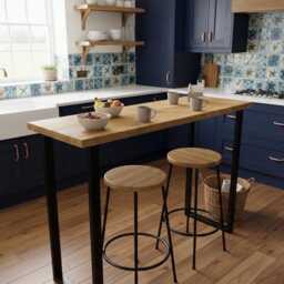 Industrial Rustic Breakfast Bar Table - Reclaimed Scaffold Board Kitchen Counter Custom Bespoke Metal Legs U-Frame - thumbnail 2