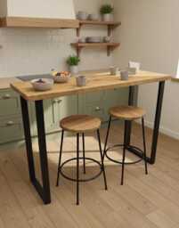 Industrial Rustic Breakfast Bar Table - Reclaimed Scaffold Board Kitchen Counter Custom Bespoke Metal Legs U-Frame - thumbnail 1