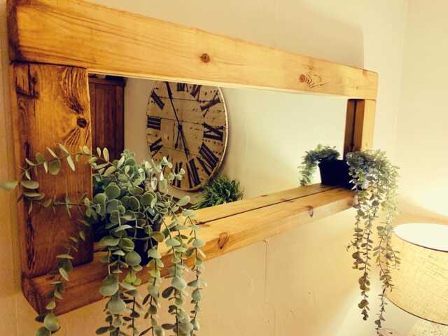 Handmade Rustic Wooden Mirror With Shelf - English Oak Wax Finish Wall - image 1