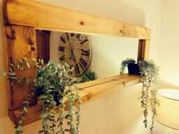 Handmade Rustic Wooden Mirror With Shelf - English Oak Wax Finish Wall - thumbnail 1