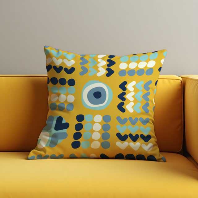 Modern Geometric Cushion Cover, Yellow Evil Eye Heart Pillow Playful Abstract Throw Case, Bold & Colorful Home Decor - image 1