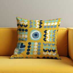 Modern Geometric Cushion Cover, Yellow Evil Eye Heart Pillow Playful Abstract Throw Case, Bold & Colorful Home Decor - thumbnail 1