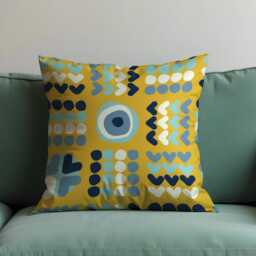 Modern Geometric Cushion Cover, Yellow Evil Eye Heart Pillow Playful Abstract Throw Case, Bold & Colorful Home Decor - thumbnail 2