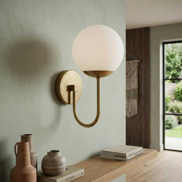 Mid-Century Modern Brass Globe Wall Sconce Light, Frosted Glass Vanity Lamp Mcm With Ball - image 1