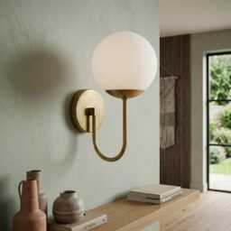 Mid-Century Modern Brass Globe Wall Sconce Light, Frosted Glass Vanity Lamp Mcm With Ball