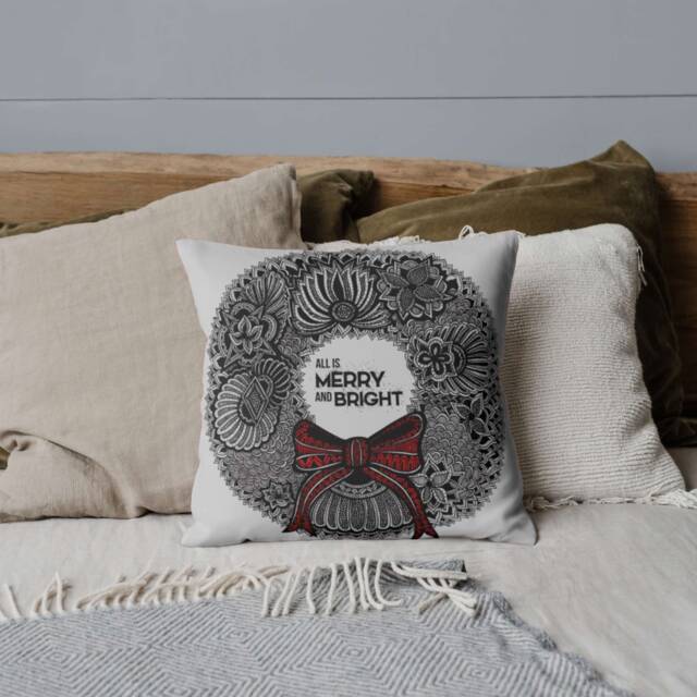 Christmas Double-Sided Cotton Pillow - Decor Home Wreath Quote All Is Merry & Bright Drawing - image 1