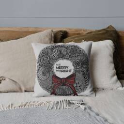 Christmas Double-Sided Cotton Pillow - Decor Home Wreath Quote All Is Merry & Bright Drawing - thumbnail 1