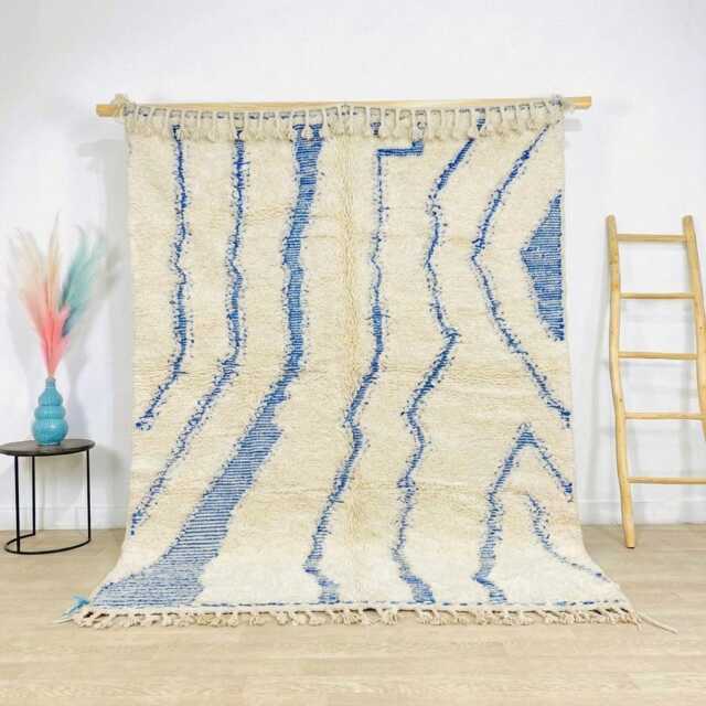 Blue Zig Zag Rug, Wavy Moroccan Berber Shag Large Area Indigo Wool Shaggy Carpet, Hand Knotted Tribal Rug - image 1