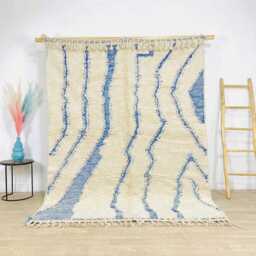 Blue Zig Zag Rug, Wavy Moroccan Berber Shag Large Area Indigo Wool Shaggy Carpet, Hand Knotted Tribal Rug - thumbnail 1