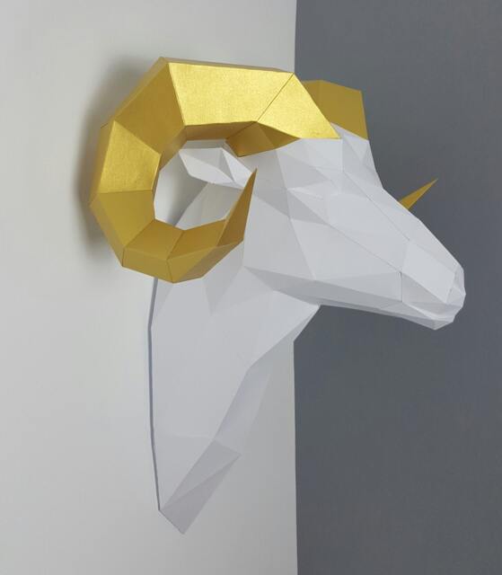 Ram, Sheep, Goat, Horns, Gold, Gift, Papercraft, Home Decoration, Paper Animals, Kit, Polygonal, 3D Wall Decor, Trophy - image 1