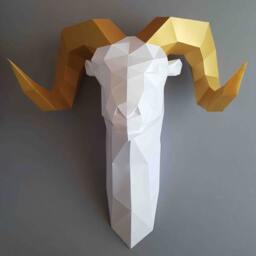 Ram, Sheep, Goat, Horns, Gold, Gift, Papercraft, Home Decoration, Paper Animals, Kit, Polygonal, 3D Wall Decor, Trophy - thumbnail 2