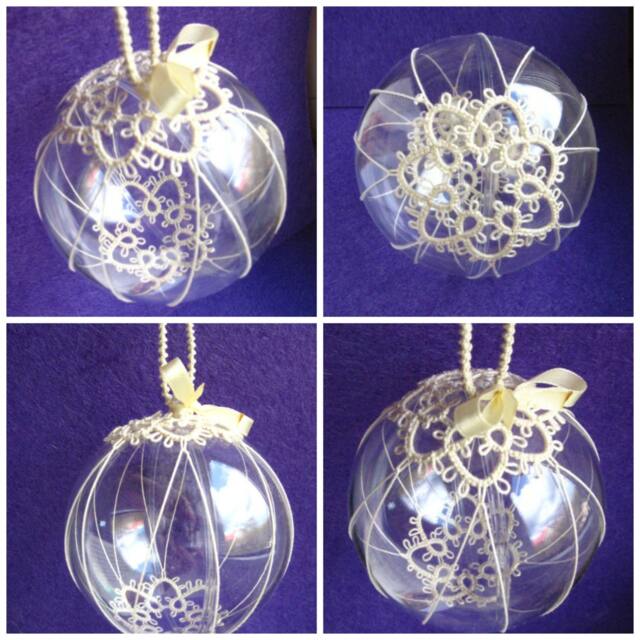 Ready To Ship Christmas Ball Tatting Lace Ornament White-Off Ecru Cream Thread Tatted - image 1