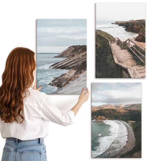 Canvas Set Of 3 - Seaside Views With Cliffs & Beach Landscapes, Gray Wall Art Print, Landscapes Hanging Piece - image 1
