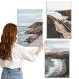 Canvas Set Of 3 - Seaside Views With Cliffs & Beach Landscapes, Gray Wall Art Print, Landscapes Hanging Piece - thumbnail 1