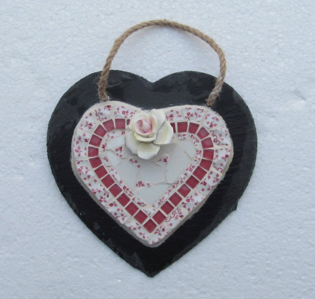 Vintage Crockery Mosaic Heart Wall Hanging On Slate - image 1