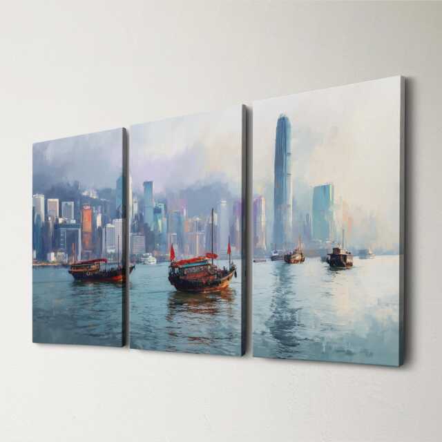 Hong Kong Harbour Skyline 3 Panel Split Canvas Wall Art Junk Boats Oil Painting Framed Home Decor Asian Travel Gift - image 1